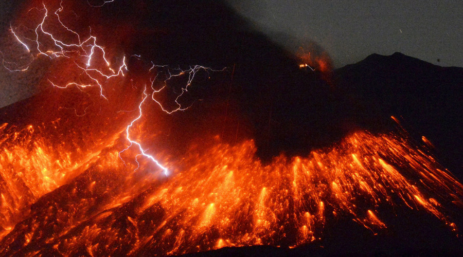 Volcanic lightning is seen at an eruption of Mount Sakurajima, in this photo taken from Tarumizu city, Kagoshima prefecture, southwestern Japan, February 5, 2016. © Kyodo 
