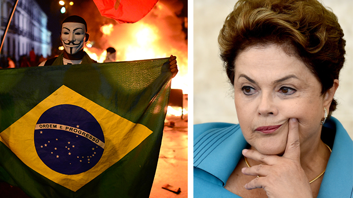A demonstrator wearing a Guy Fawkes mask holds a Brazilian national flag during clashes in downtown Rio de Janeiro and Brazil's President Dilma Rousseff (AFP Photo / Christophe Simon, AFP Photo / Evaristo Sa)