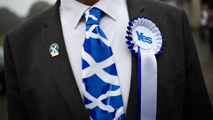 A supporter of the 'Yes' campaign stands outside a polling station as Scotland's First Minister Alex Salmond casts his vote during the referendum on Scottish independence in Strichen, Scotland September 18, 2014.  (Reuters / Dylan Martinez)