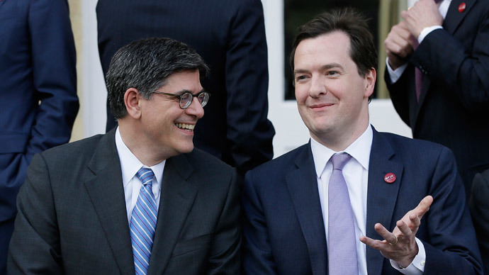 Britain's Chancellor of the Exchequer George Osborne (R) speaks to U.S. Treasury Secretary, Jack Lew.(Reuters / Alastair Grant)