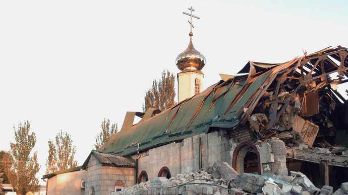 Saint John of Kronstadt (Ioann Kronshtadsky) Church destroyed during a bombardment in the town of Kirovskoye, Donetsk Region. (RIA Novosti)