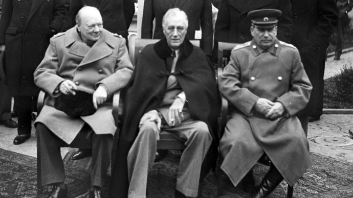 The Yalta (Crimea) Conference of Allied leaders (February 4-11, 1945). First row, sitting: British Prime Minister Winston Churchill, U.S. President Franklin Delano Roosevelt, and U.S.S.R. Marshal Josef Stalin before a meeting. (RIA Novosti)