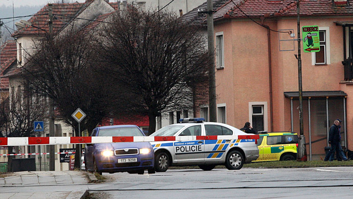 A police vehicle is seen near the site of a shooting in the eastern Czech town of Uhersky Brod February 24, 2015. (Reuters / Stringer)