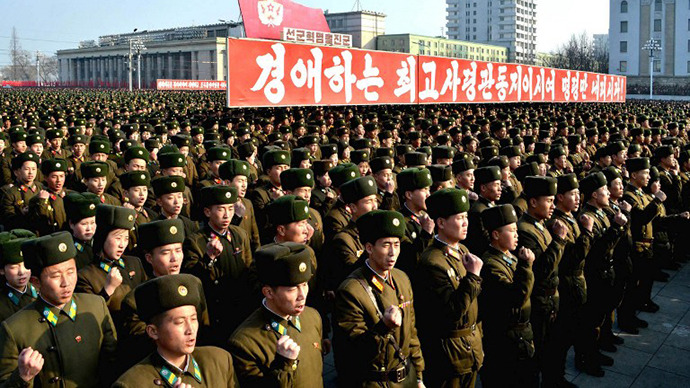 North Korea's soldiers attending a rally at Kim Il Sung Square in Pyongyang to support the statement of a spokesman of the Korean People's Army. (AFP Photo / KNS)