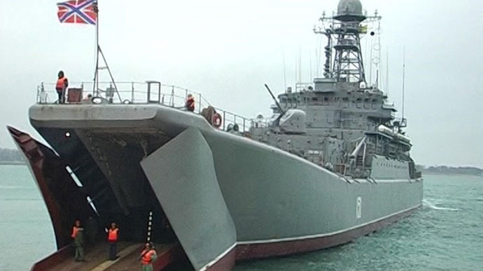 A ship of the Russian Black Sea Fleet during large-scale military exercises Russian President Vladimir Putin ordered while flying back from the South African Republic to Moscow. (Screen shot of a video of Zvezda TV channel).(RIA Novosti)