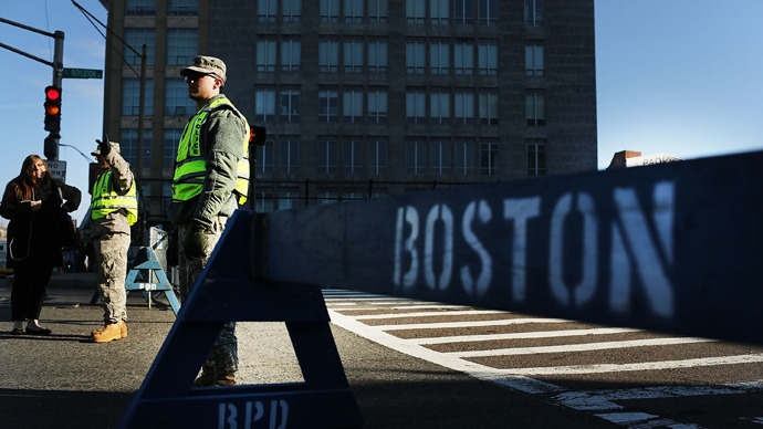 National Guard soldiers guard a roadblock near the scene of a twin bombing at the Boston Marathon on April 16, 2013 in Boston (AFP Photo / Spencer Platt)