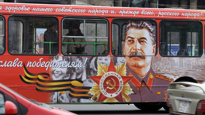 A bus with a portrait of the Soviet dictator Josef Stalin drives in the centre of St. Petersburg, May 5, 2010. (Reuters)