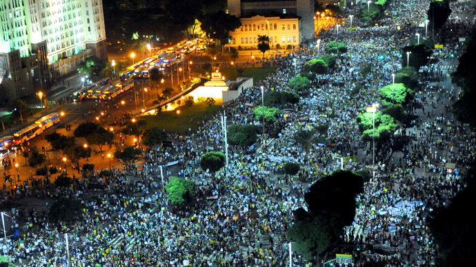 People march in downtown Rio de Janeiro on June 20, 2013, during a protest of what is now called the 'Tropical Spring' against corruption and price hikes. (AFP Photo)