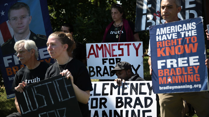 Supporters of U.S. Army Pfc. Bradley E. Manning hold signs to show support during a demonstration outside the main gate of Ft. Meade July 30, 2013 in Maryland. (Alex Wong/Getty Images/AFP)