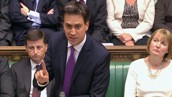 Britain's opposition Labour leader Ed Miliband is seen addressing the House of Commons in this still image taken from video in London August 29, 2013.(Reuters / UK Parliament via Reuters TV)