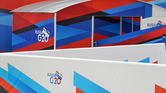The posters promoting G20 summit in St.Petersburg, on September 2, 2013. (AFP Photo / Olga Maltseva)