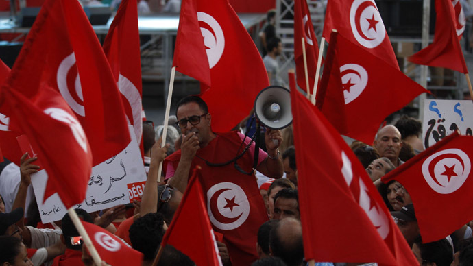 An anti-government protester shouts slogans as others wave flags and signs during a demonstration in Tunis August 24, 2013. (Reuters)