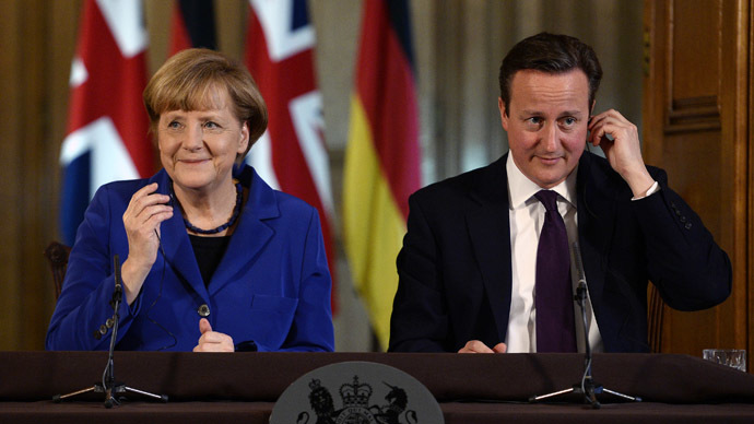 Britain's Prime Minister David Cameron and German Chancellor Angela Merkel hold a news conference at Number 10 Downing Street in London February 27, 2014. (Reuters/Facundo Arrizabalaga)