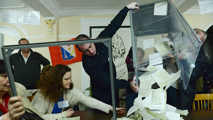 Staff at a polling station in Sevastopol counting the votes of the referendum on the status of Crimea.