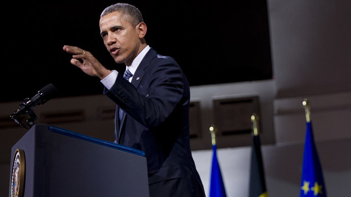 US President Barack Obama delivers a speech at the Palais des Beaux-Arts (Palace of Fine Arts - BOZAR) in Brussels on March 26, 2014. (AFP Photo / Saul Loeb)