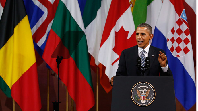 U.S. President Barack Obama gives a speech at Bozar concert hall in Brussels March 26, 2014. (Reuters / Yves Herman)