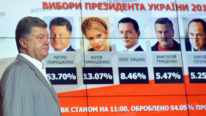 Ukrainian presidential candidate Petro Poroshenko walks in front of screen displaying results of the presidential elections in Ukraine prior his press-conference in Kiev on May 26, 2014. (AFP Photo / Sergei Supinsky)