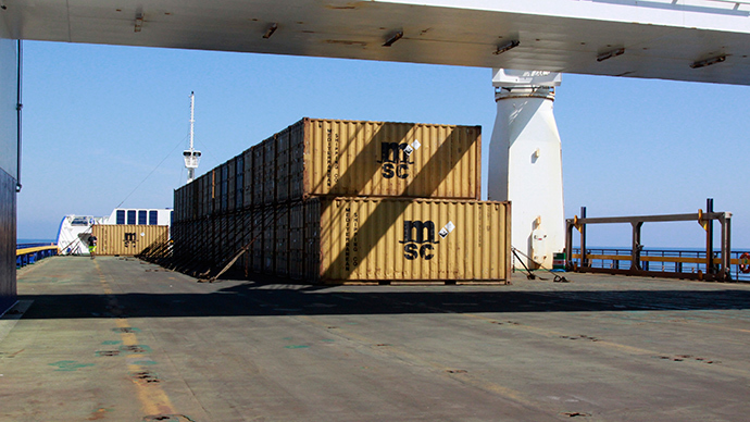 Containers on the deck of Ark Futura, a Danish-chartered cargo vessel, carry precursors to sarin gas, part of the effort to extract chemical weapon stockpiles from Syria, in the Eastern Mediterranean Sea, May 13, 2014 (Reuters / Staff)