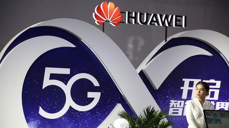 Stand von Huawei mit 5G-Technologie auf der internationalen Messe für Telekommunikation PT Expo 2018 in Peking, China.
