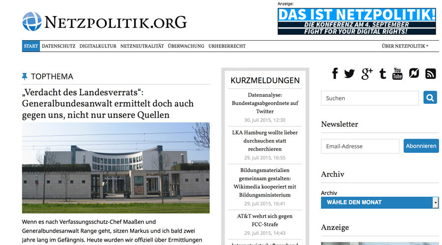 Online outrage in Germany after news bloggers accused of treason for snooping leak, probe halted