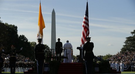 President Barack Obama welcomes Pope Francis during a ceremony at the White House in Washington, DC