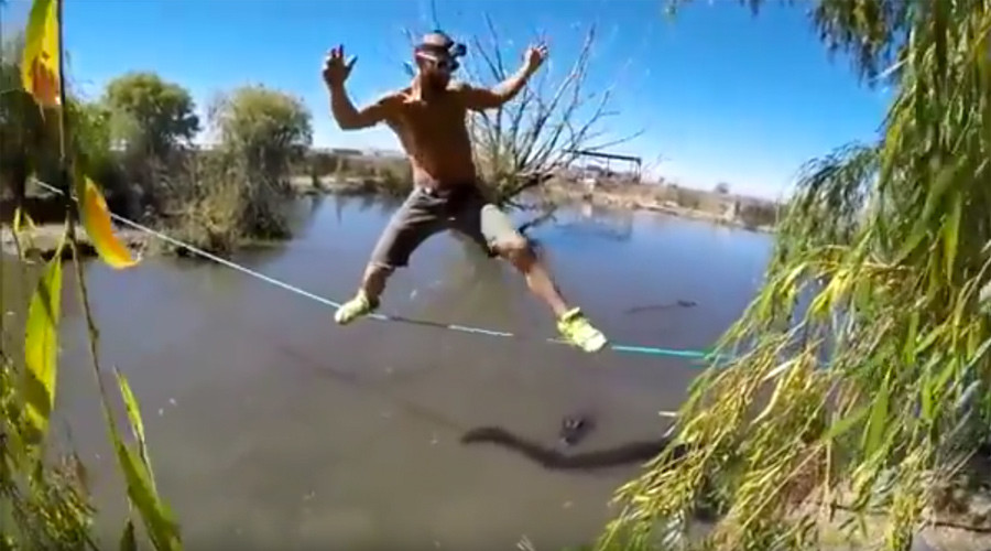 Thrill-seeker balances over pool of hungry alligators as they watch his every move (VIDEO)