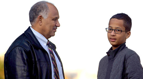 Ahmed Mohamed (R), a 14-year-old high school student who was arrested after he brought a homemade clock to his Irving, Texas high school to show his teachers and was later accused of having a 