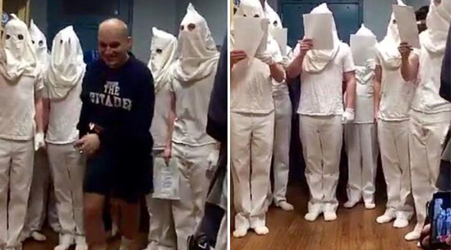 KKK gang or Christmas ghosts? Military cadets suspended over white hoods photos