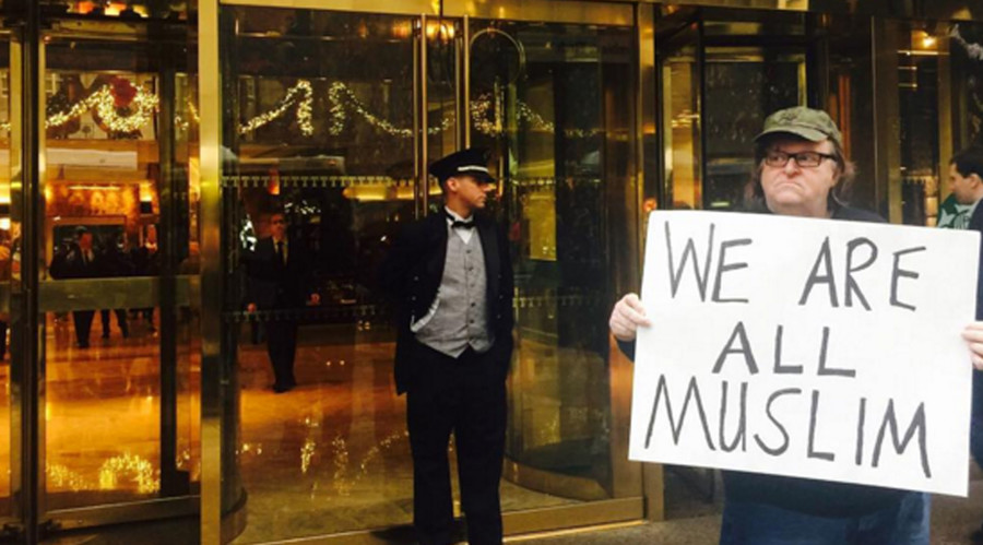 Michael Moore admits he’s a 'Muslim' outside Trump Tower