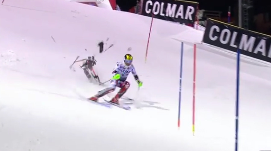 Drone almost crashes into Austrian champion skier Hirscher during race