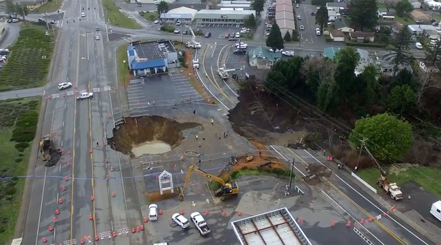 Spectacular drone footage shows ‘monster’ sinkhole along Oregon highway