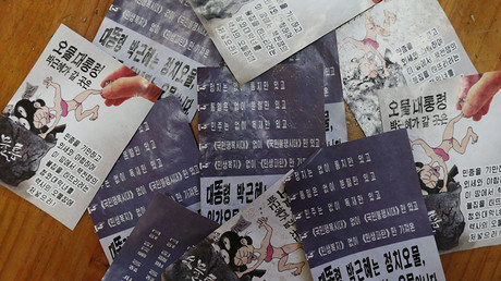 This picture taken on January 14, 2016 shows propaganda leaflets condemning South Korean President Park Geun-Hye, which were found in the border city of Paju near the Demilitarized zone dividing the two Koreas. © YONHAP