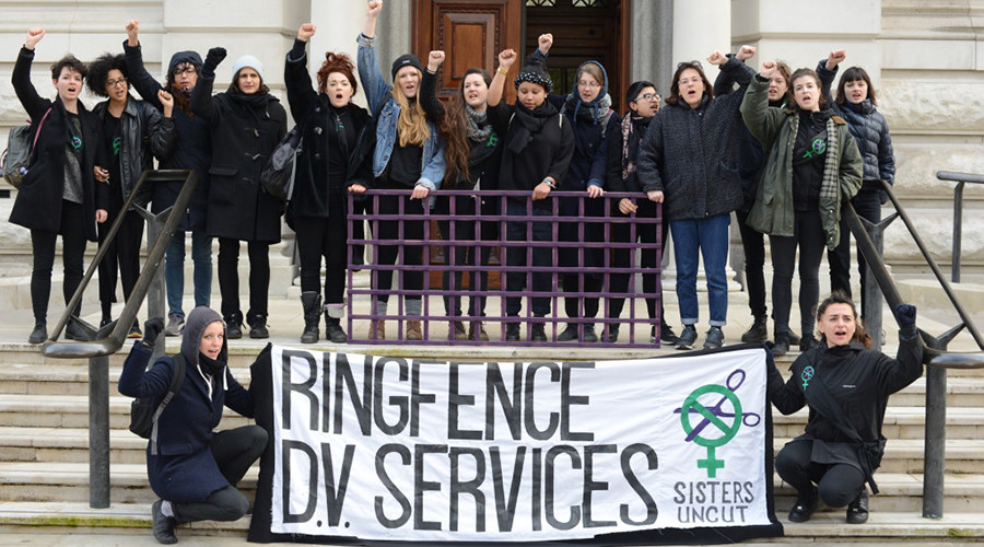 ‘Women are dying’: Sisters Uncut blockades Treasury to protest domestic abuse service cuts