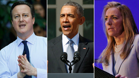 A combination photo shows Britain's Prime Minister David Cameron, U.S. President Barack Obama and BBC Trust Chairman Rona Fairhead © Reuters