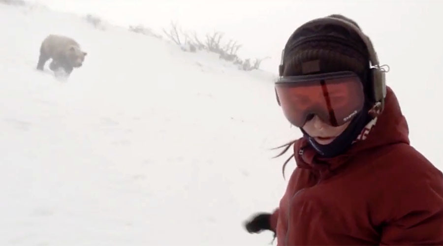 Bear chases oblivious snowboarder in possibly-fake video
