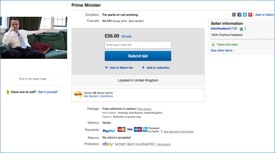 ‘Used prime minister’ David Cameron up for sale on eBay