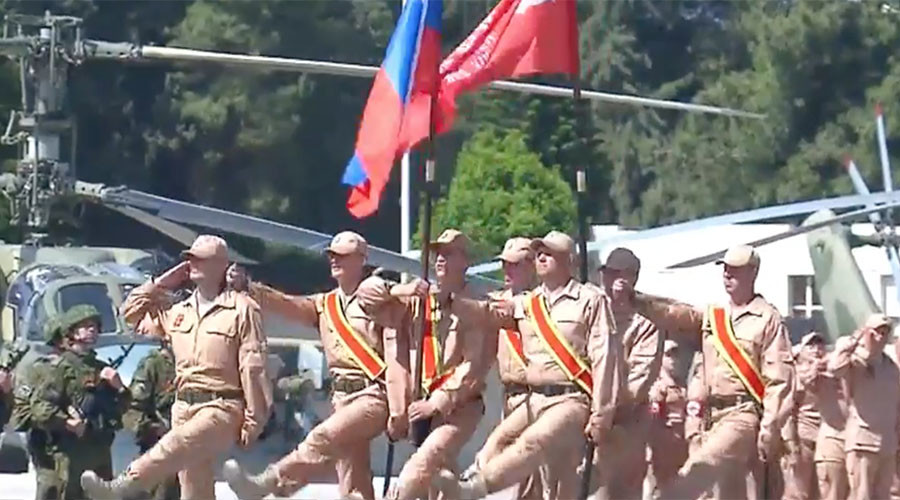 Soviet Victory Banner in Syria: Russian and Syrian troops mark Victory Day at Khmeimim airbase