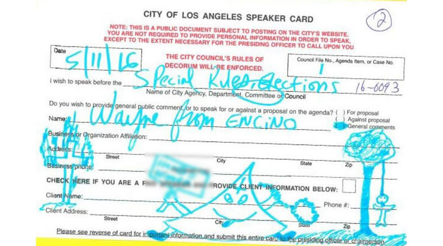 The public comment card submitted by Wayne Spindler. © LA City Clerk's Office