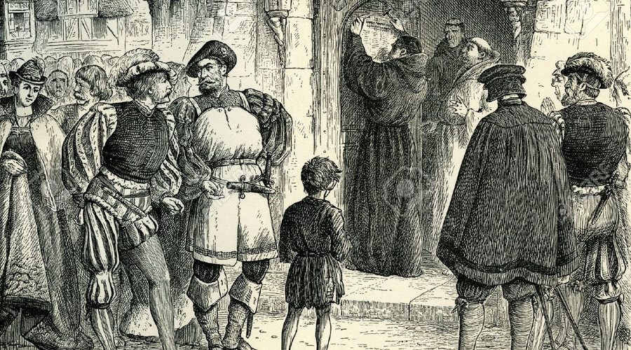 Martin Luther nails up his 95 theses on the cathedral door.