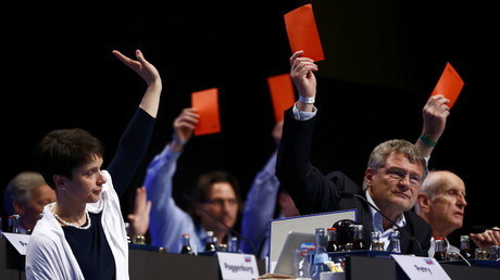 Frauke Petry (L), chairwoman of the anti-immigration party Alternative for Germany (AfD) votes during the second day of the AfD congress in Stuttgart, Germany, May 1, 2016. © Wolfgang Rattay