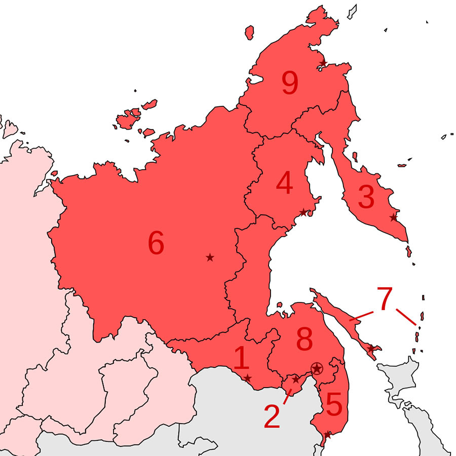 1- Amur Region, 2 - Jewish Autonomous Region, 3 - Kamchatka, 4 - Magadan Region, 5 - Primorye, 6 - Yakutia, 7 - Sakhalin Region, 8 - Khabarovsk Region, 9 - Chukotka Autonomous Region. 