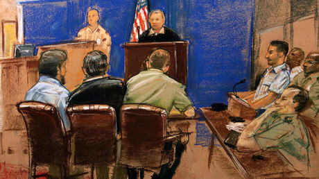 In this military tribunal drawing by sketch artist Janet Hamlin Guantanamo detainee Abdul Zahir, (bottom, L) sits beside his translator, name not permitted, and lawyer Lt. Col. Thomas Bogar, during a military tribunal hearing at Guantanamo Bay U.S. Naval Base, Cuba April 4, 2006. © Janet Hamlin