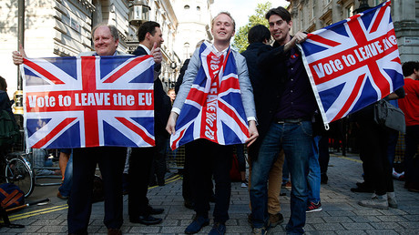 Vote leave supporters wave Union flags, following the result of the EU referendum, outside Downing Street in London, Britain June 24, 2016 © Neil Hall