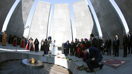 Pope Francis and Catholicos of All Armenians Karekin II attend a ceremony in commemoration of Armenians killed by Ottoman forces during World War One at the Tzitzernakaberd Genocide Memorial in Yerevan, Armenia, June 25, 2016. © Maurizio Brambatti