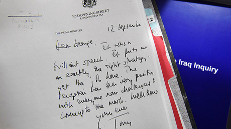 Detail of a declassified handwritten letter sent by the then British PM Tony Blair,to George Bush, former President of the United States, is seen as part of the Iraq Inquiry Report presented by Sir John Chilcot at the Queen Elizabeth II Centre in Westminster,In London,Britain July 6, 2016. © Reuters