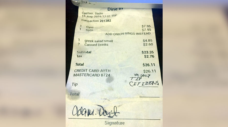 ‘We only tip citizens’: Virginia waitress gets hateful note, outraged grandpa & locals strike back
