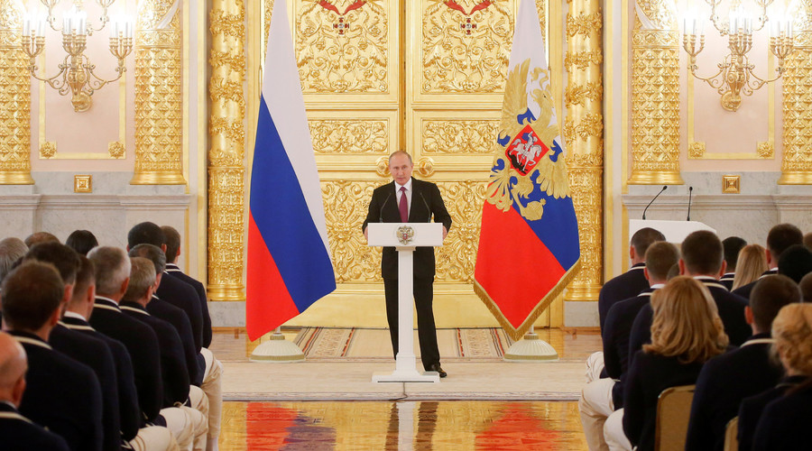 Russian President Vladimir Putin speaks during a personal send-off for members of the Russian Olympic team at the Kremlin in Moscow, Russia. © Maxim Shemetov