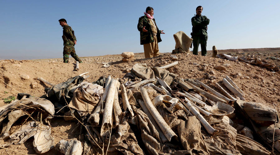 Bones, suspected to belong to members of Iraq's Yazidi community, are seen in a mass grave on the outskirts of the town of Sinjar, November 30, 2015 © Ari Jalal