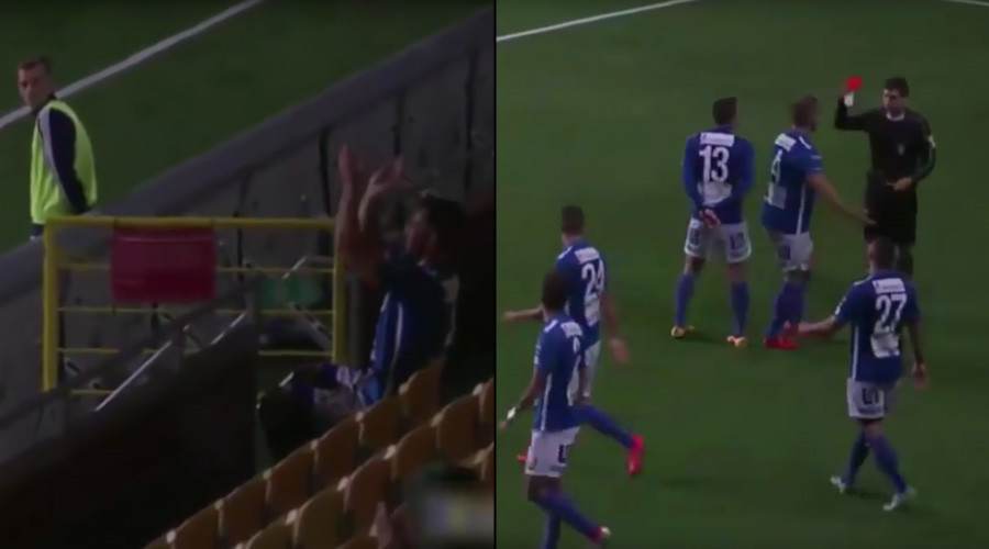 Footballer sent off for applauding self from stands after bagging hat-trick (VIDEO)