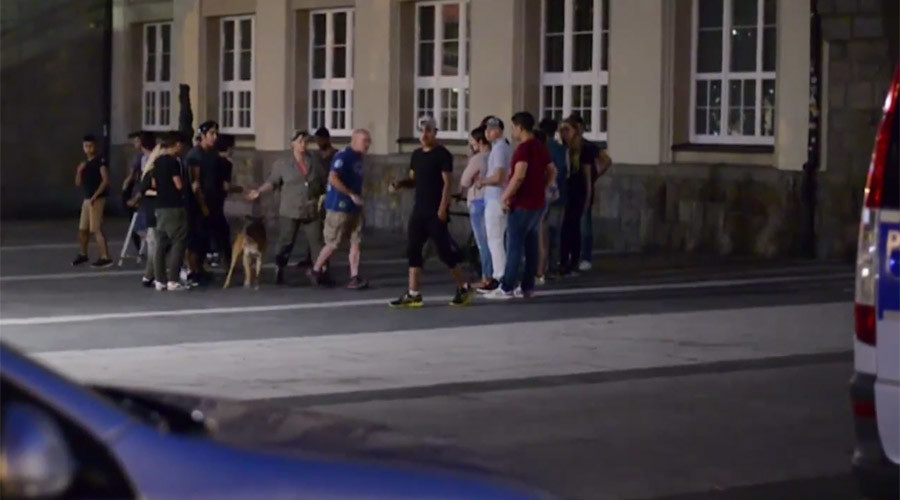 Bottles, wooden boards: Dozens of refugees, far-right mob & police clash in German town (VIDEO)